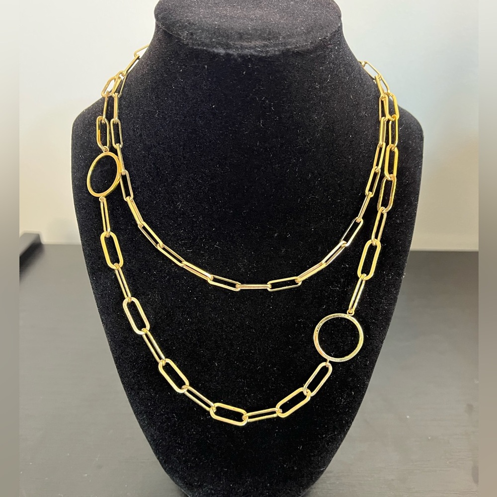 Two Gold Tone Paperclip and Circle Link Women’s Layered Necklaces